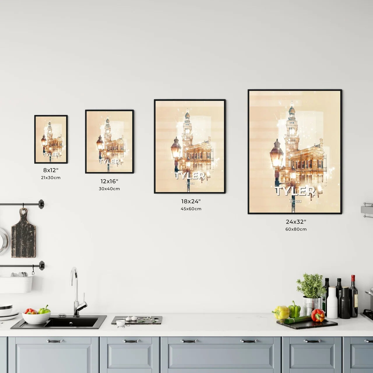 Tyler City Skyline Double Exposure Poster - A building with a lamp post and a tower Size Chart