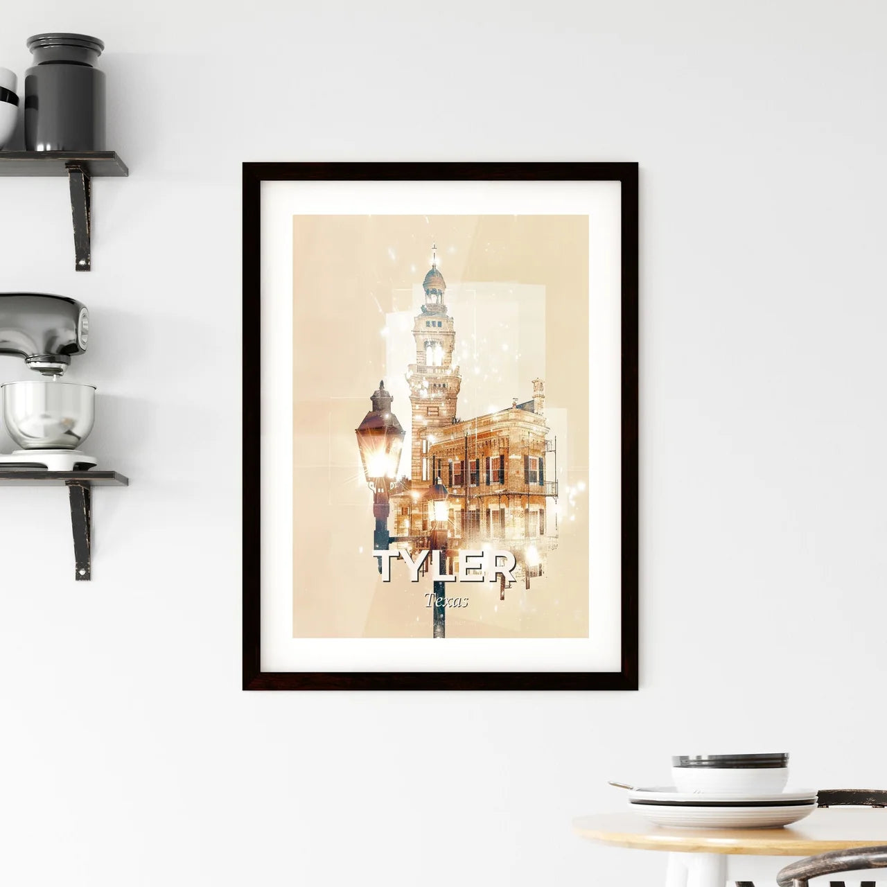 Tyler City Skyline Double Exposure Poster - A building with a lamp post and a tower Custom Print