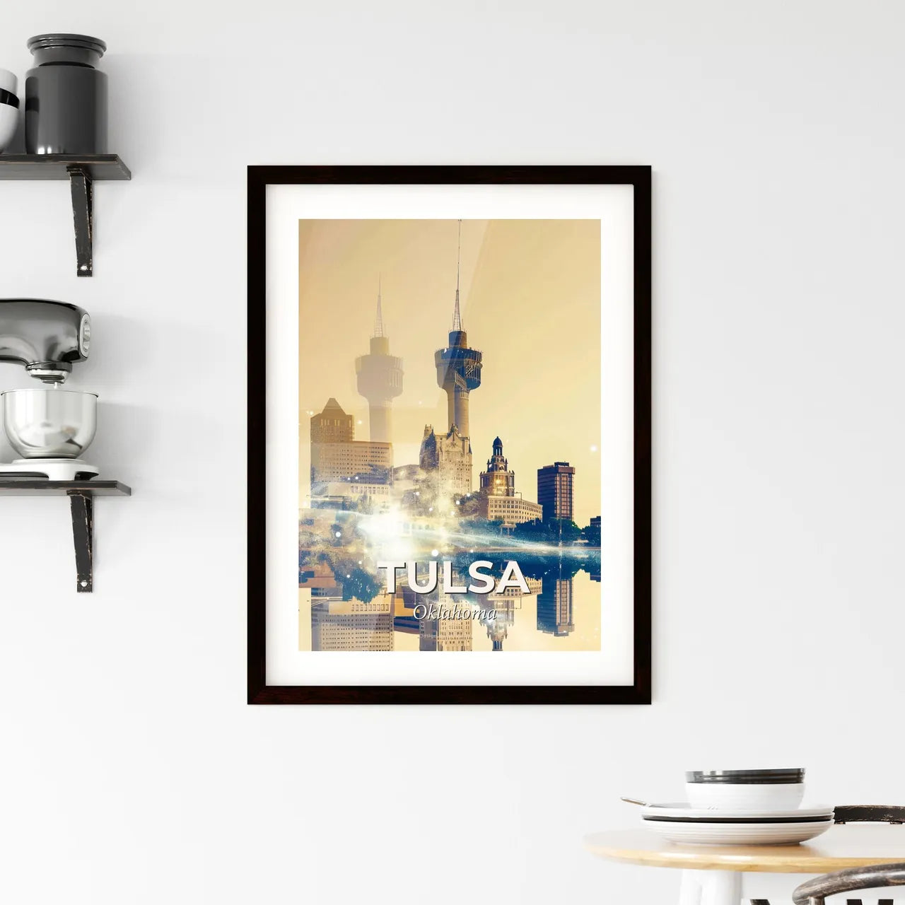 Tulsa Skyline Poster: Beige Brights and Local Sparkles Framed Print