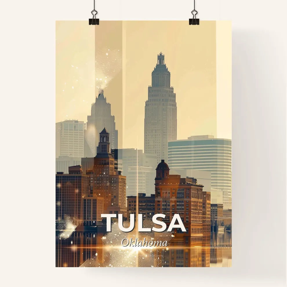 Tulsa Skyline Cityscape Glowing Beige Poster