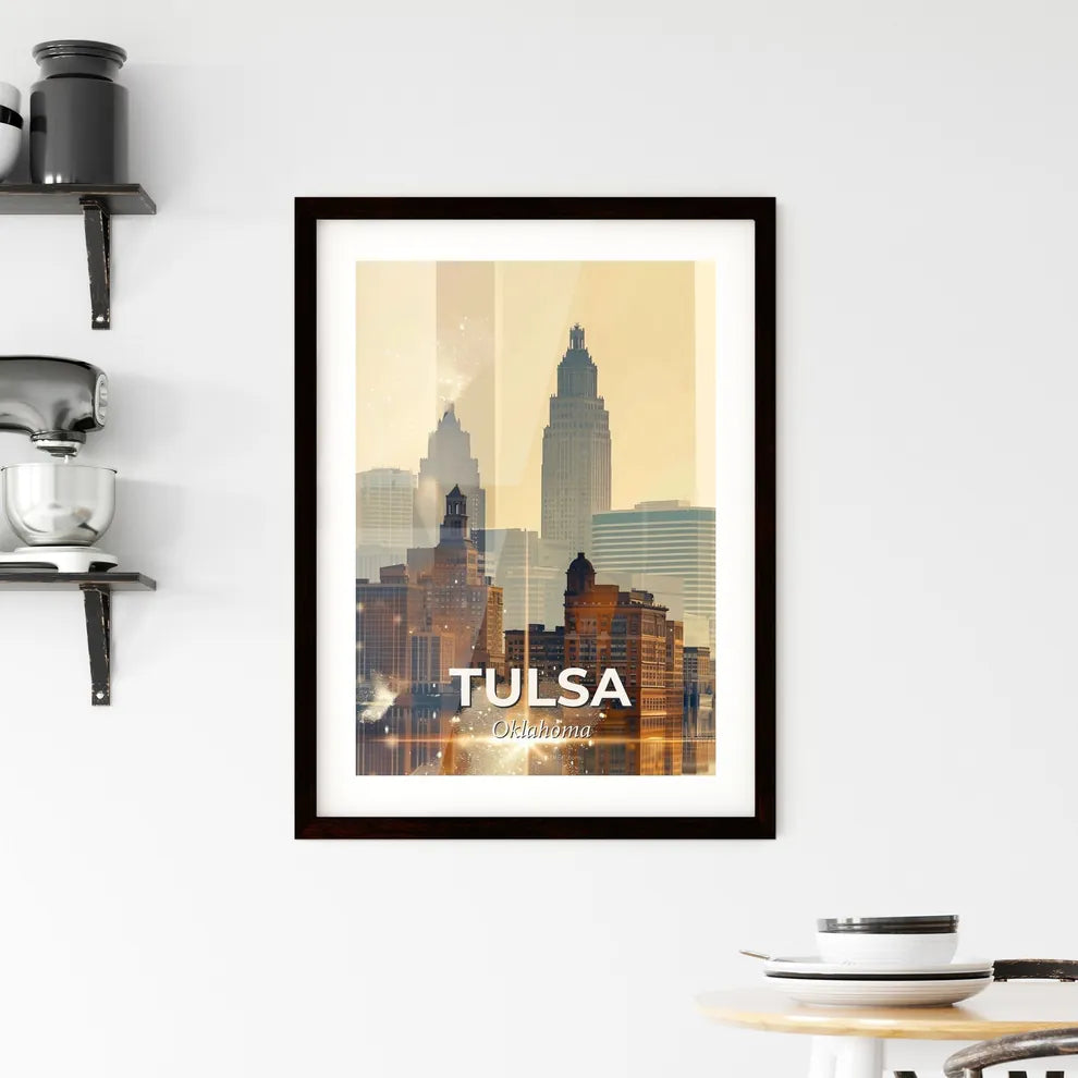 Tulsa Skyline Cityscape Glowing Beige Framed Print