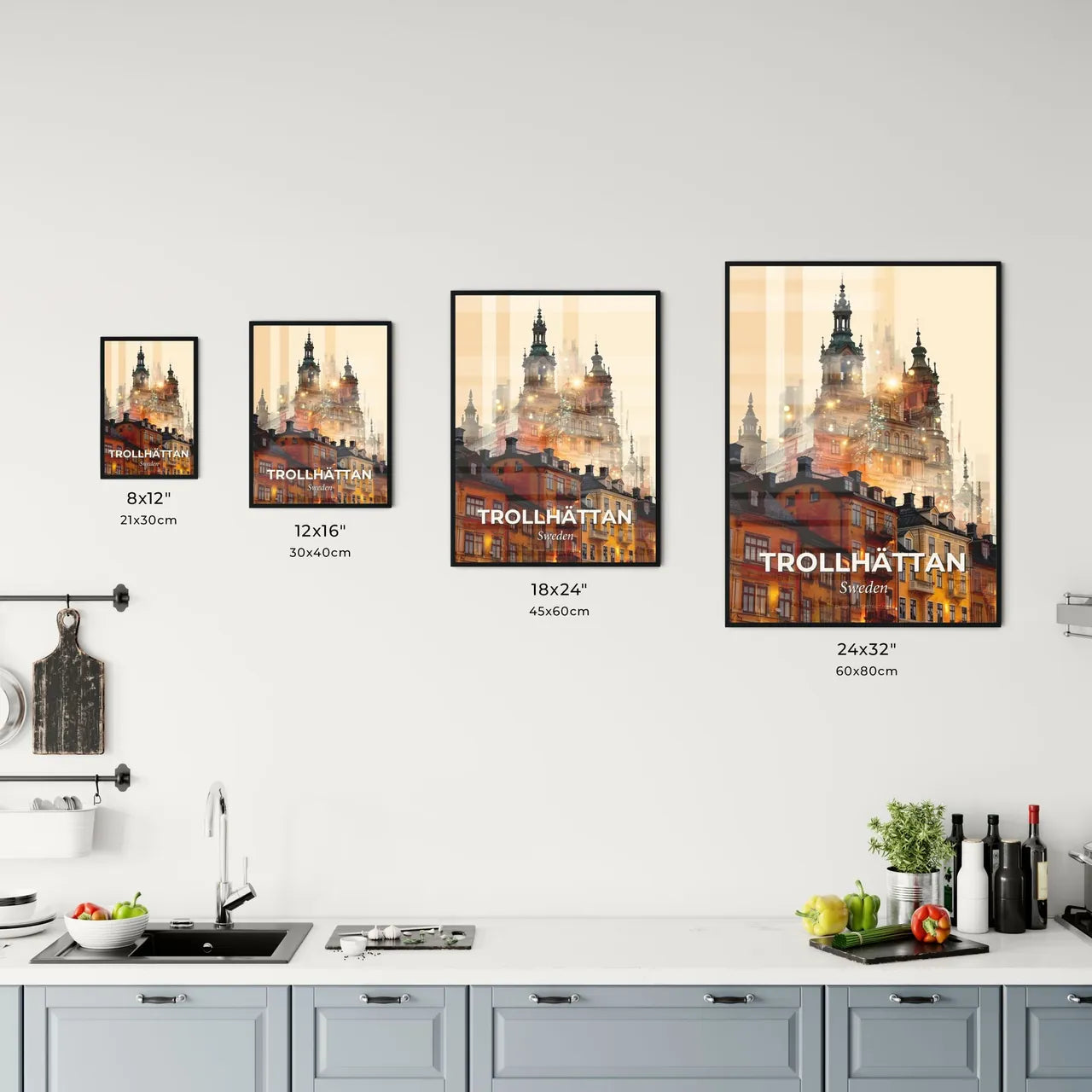 Trollhattan Skyline: City Icons, Beige, Sparkles Office Art