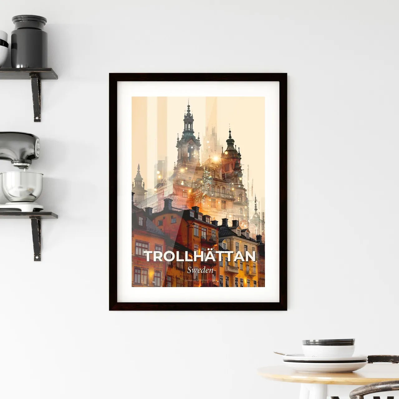 Trollhattan Skyline: City Icons, Beige, Sparkles Framed Print