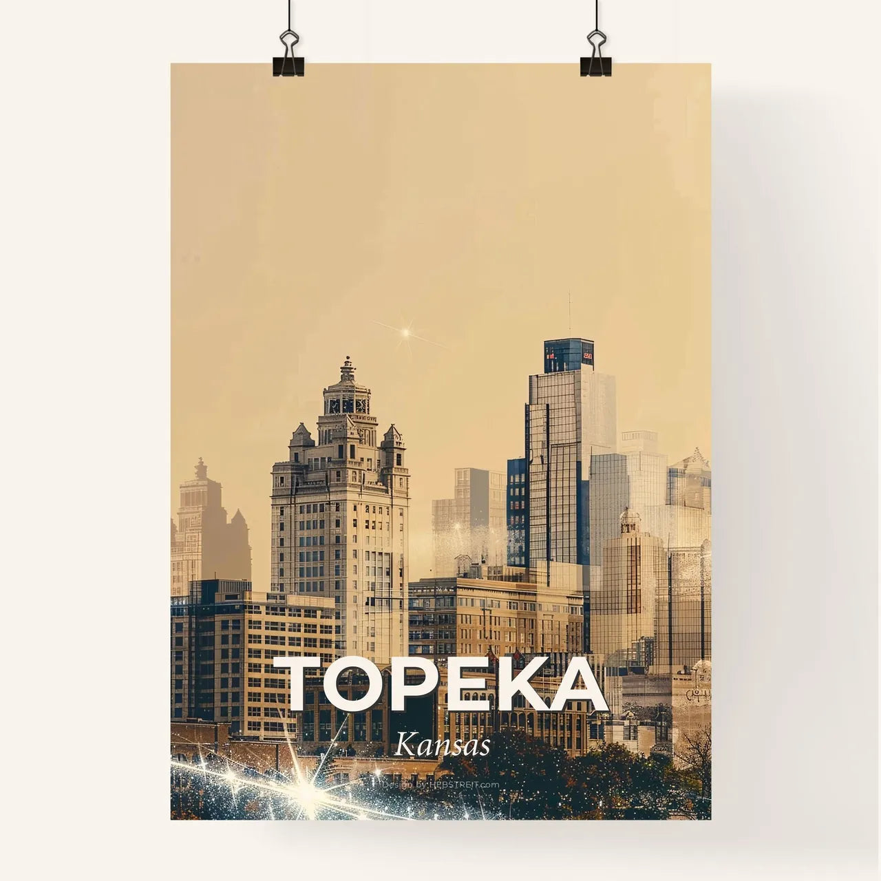 Topeka's Skyline Icons as a Bright Beige Composite Poster