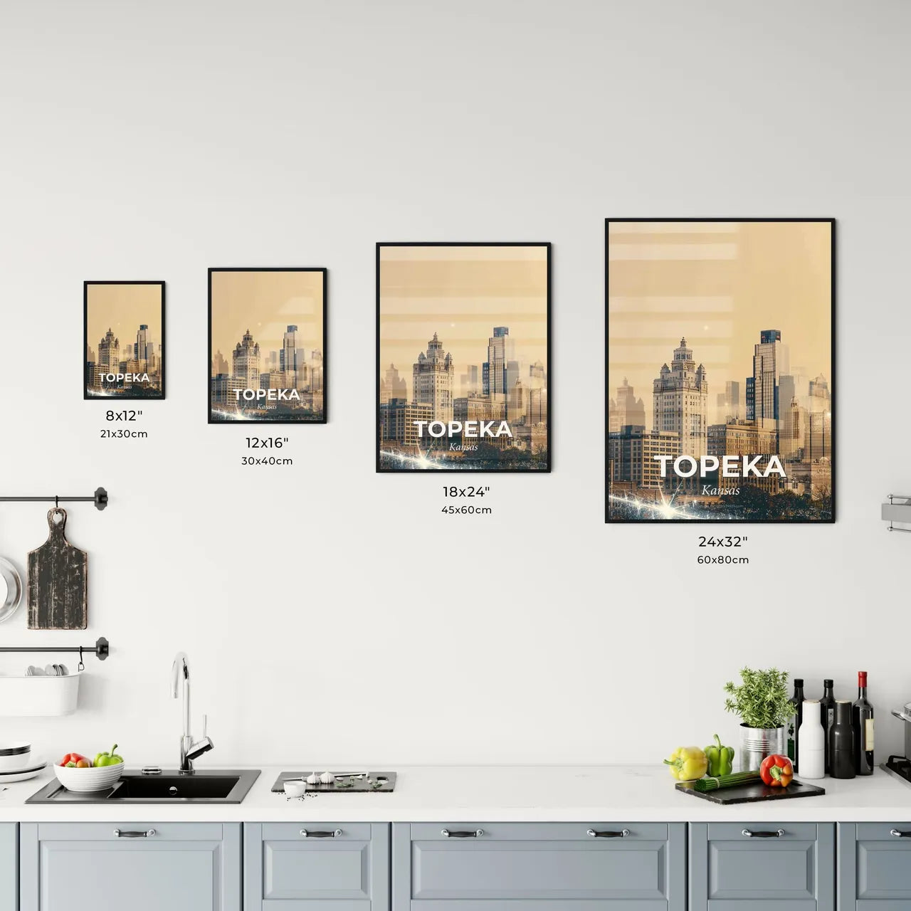 Topeka's Skyline Icons as a Bright Beige Composite Office Art