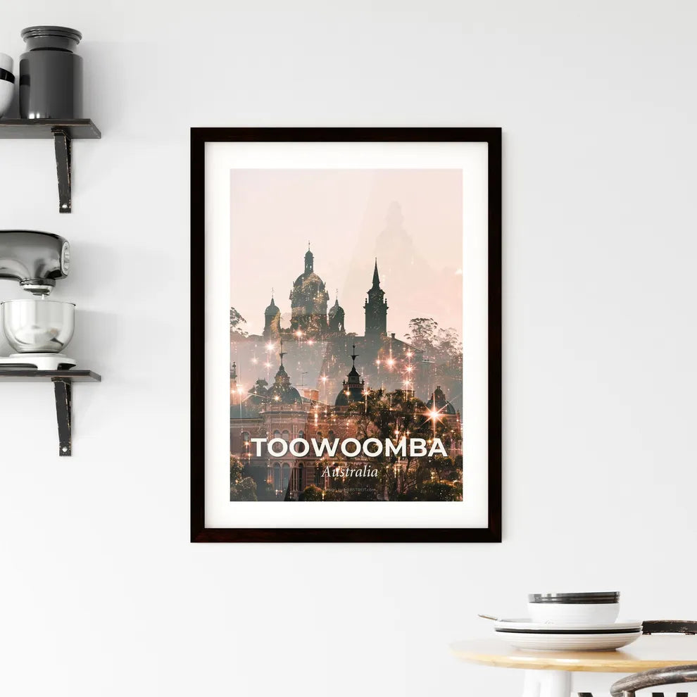 Toowoomba Skyline Poster: City Icons with Sparkle Framed Print
