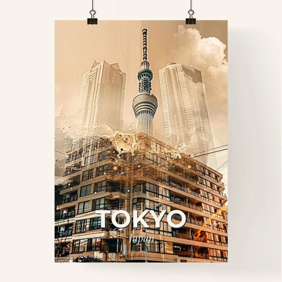 Tokyo Skyline Composite Art: Local Heritage in a Bright Beige Poster