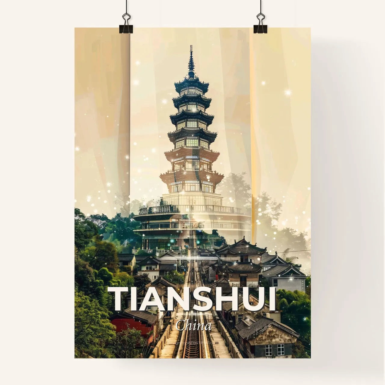 Tianshui Skyline: City Icons Artwork Bright Beige Poster