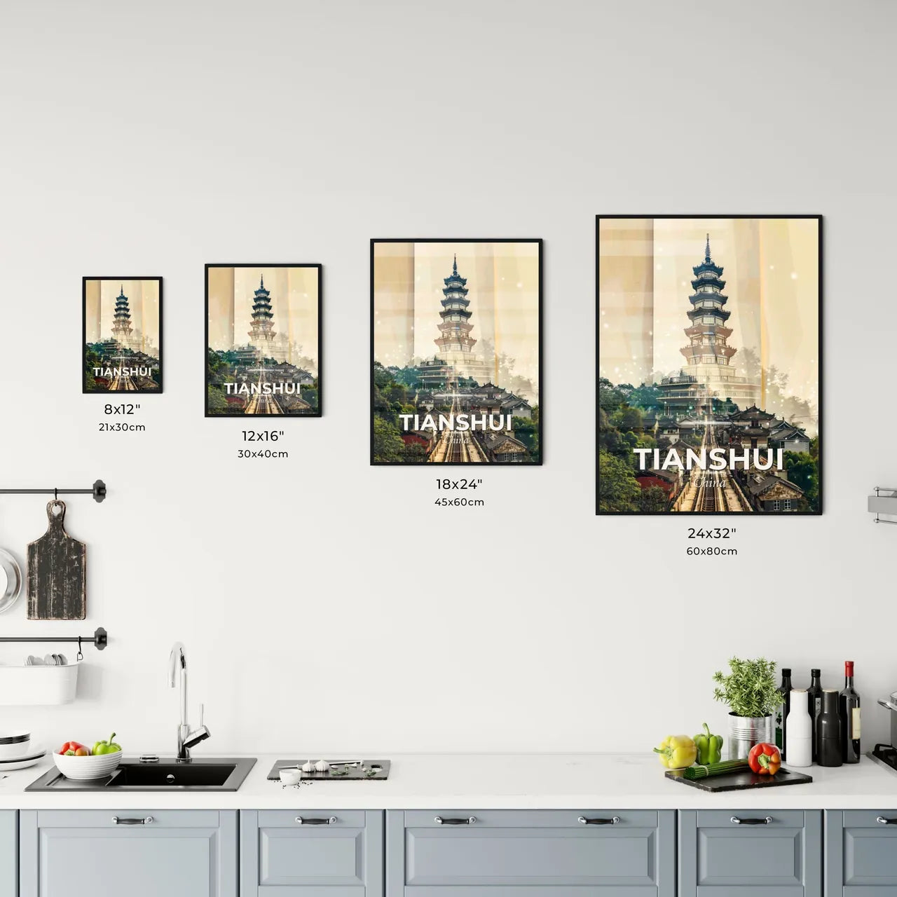 Tianshui Skyline: City Icons Artwork Bright Beige Office Art