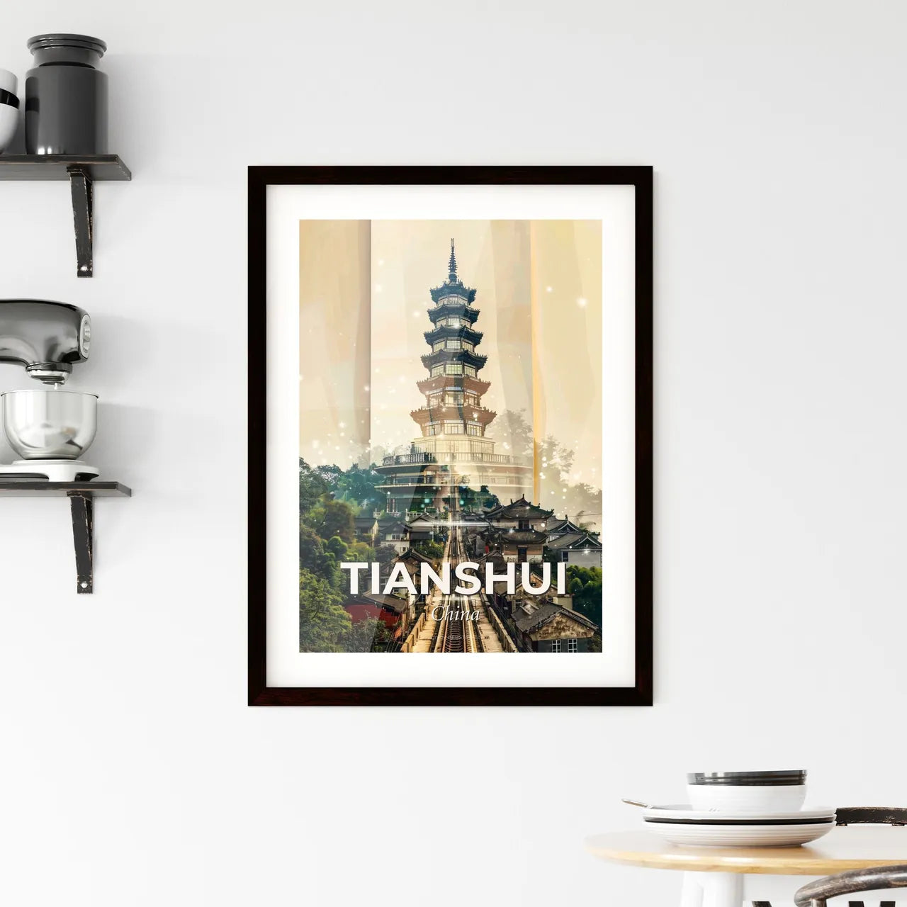 Tianshui Skyline: City Icons Artwork Bright Beige Framed Print