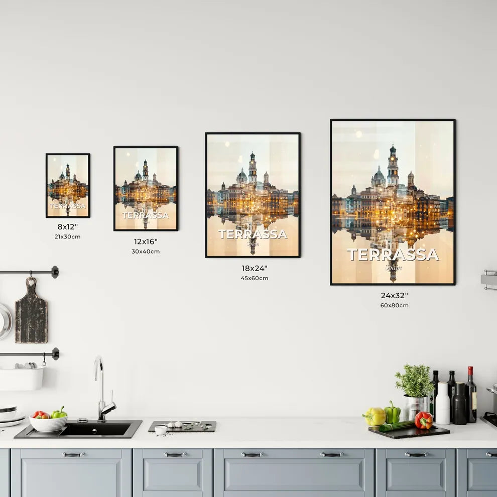 Terrassa Skyline City Bright Beige Sparkles Poster Office Art