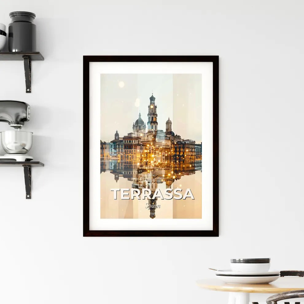 Terrassa Skyline City Bright Beige Sparkles Poster Framed Print
