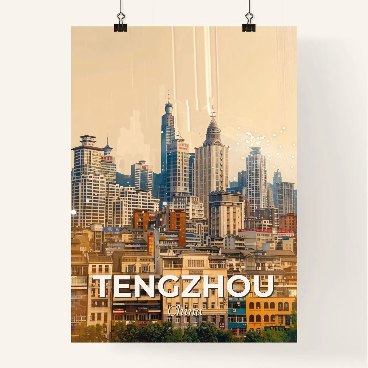 Tengzhou Skyline Artwork: Local Icons on Beige Poster