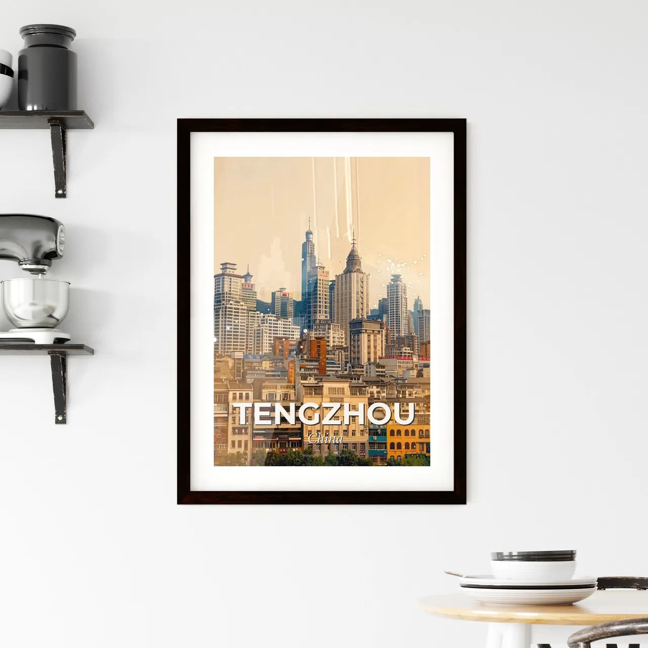 Tengzhou Skyline Artwork: Local Icons on Beige Framed Print