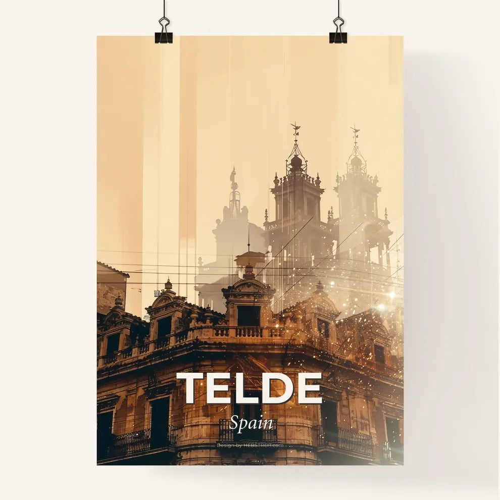 Telde City Skyline Art In Beige With Sparkles Poster