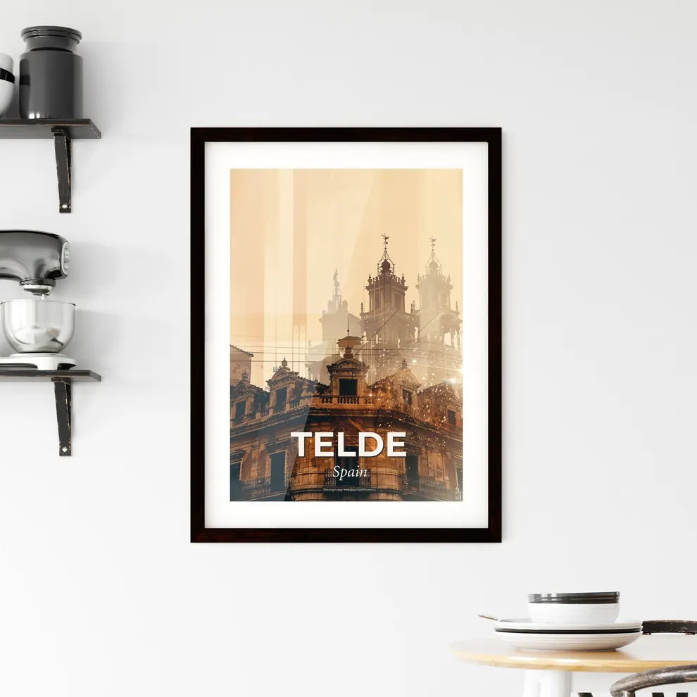 Telde City Skyline Art In Beige With Sparkles Framed Print