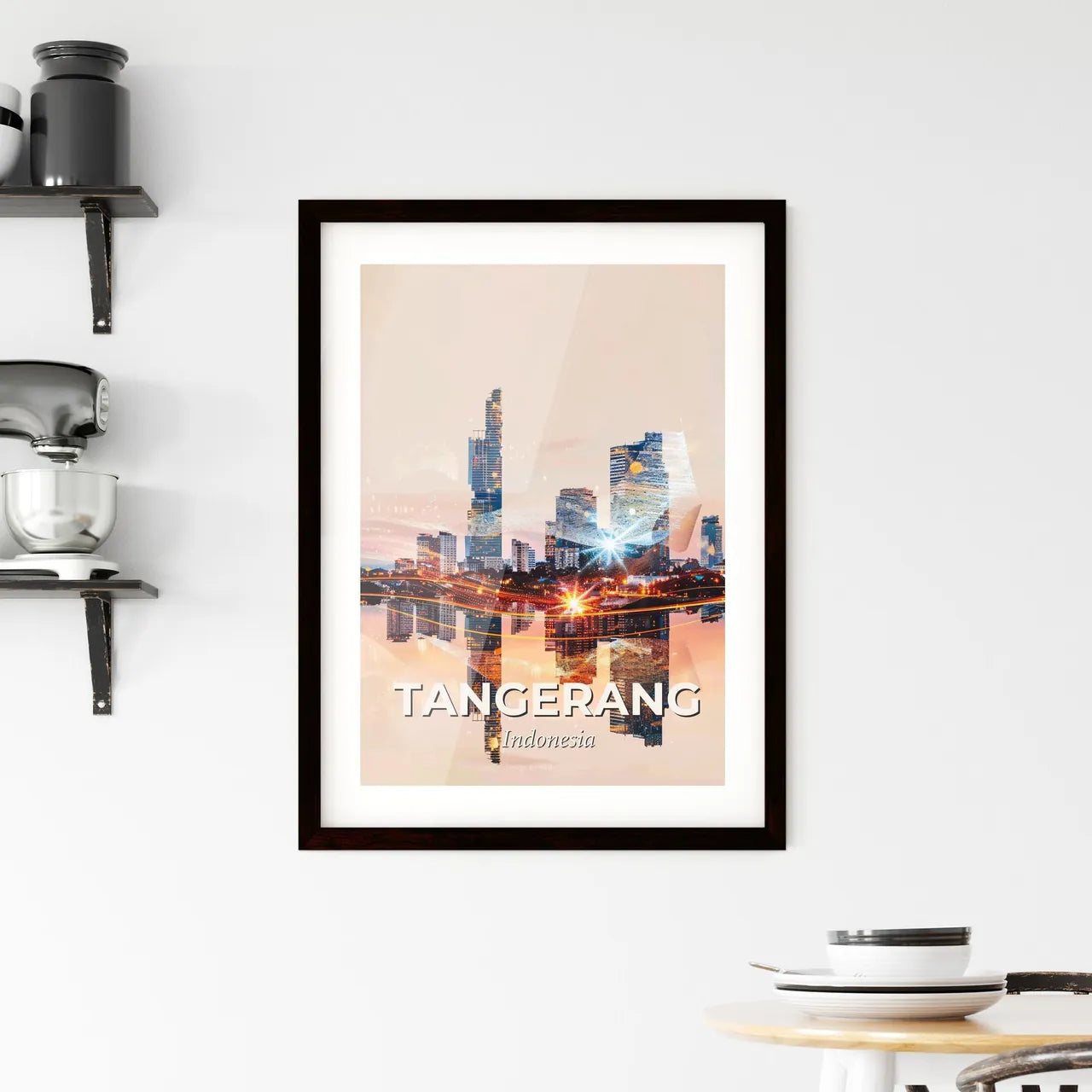 Tangerang City Skyline Double Exposure Poster Framed Print