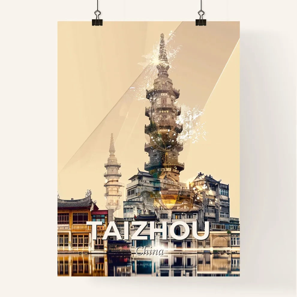 Taizhou Skyline Composite Art, Bright Beige, Minimalist Sparkles Poster