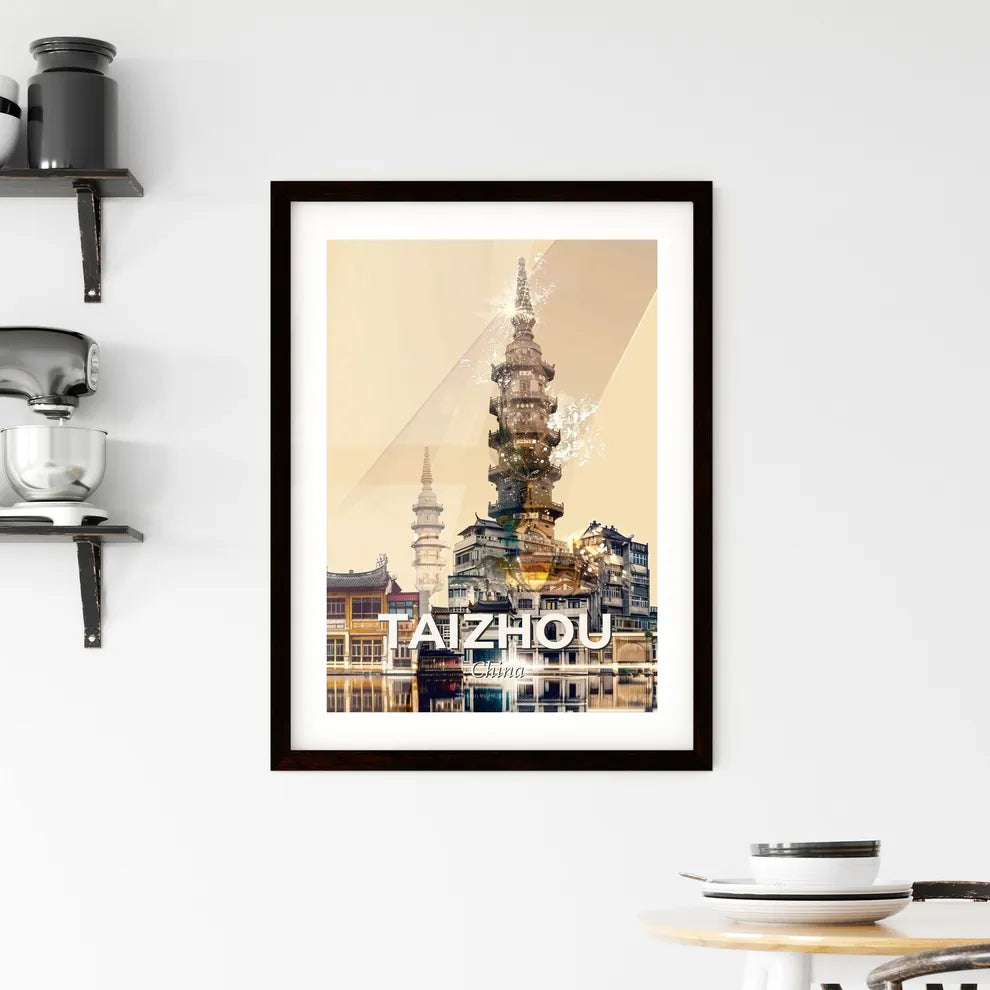 Taizhou Skyline Composite Art, Bright Beige, Minimalist Sparkles Framed Print