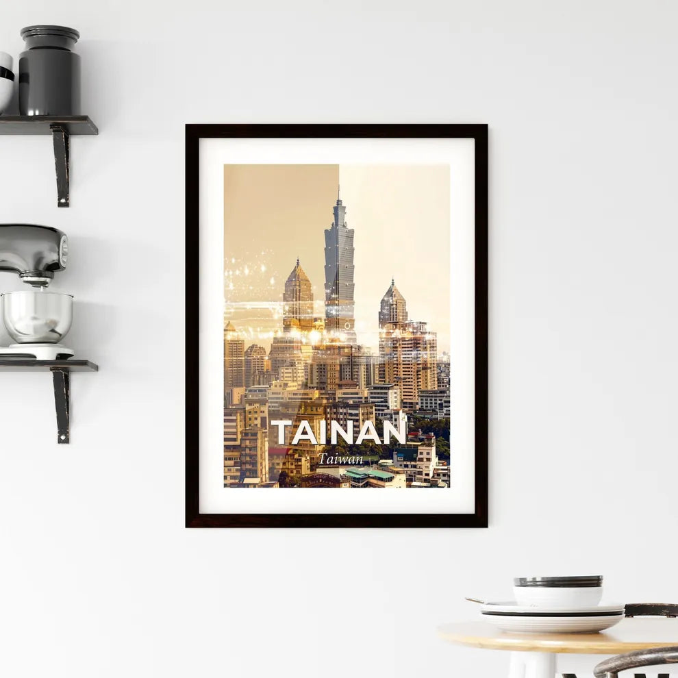 Tainan City Skyline Double Exposure Poster Art Framed Print