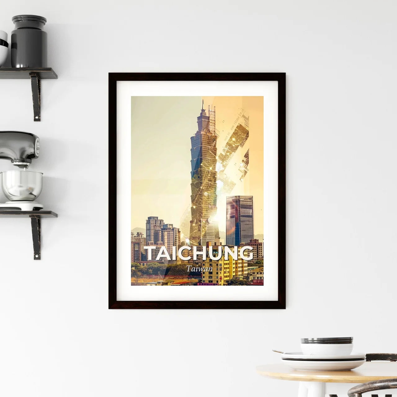 Taichung Skyline Cityscape Double Exposure Art Framed Print