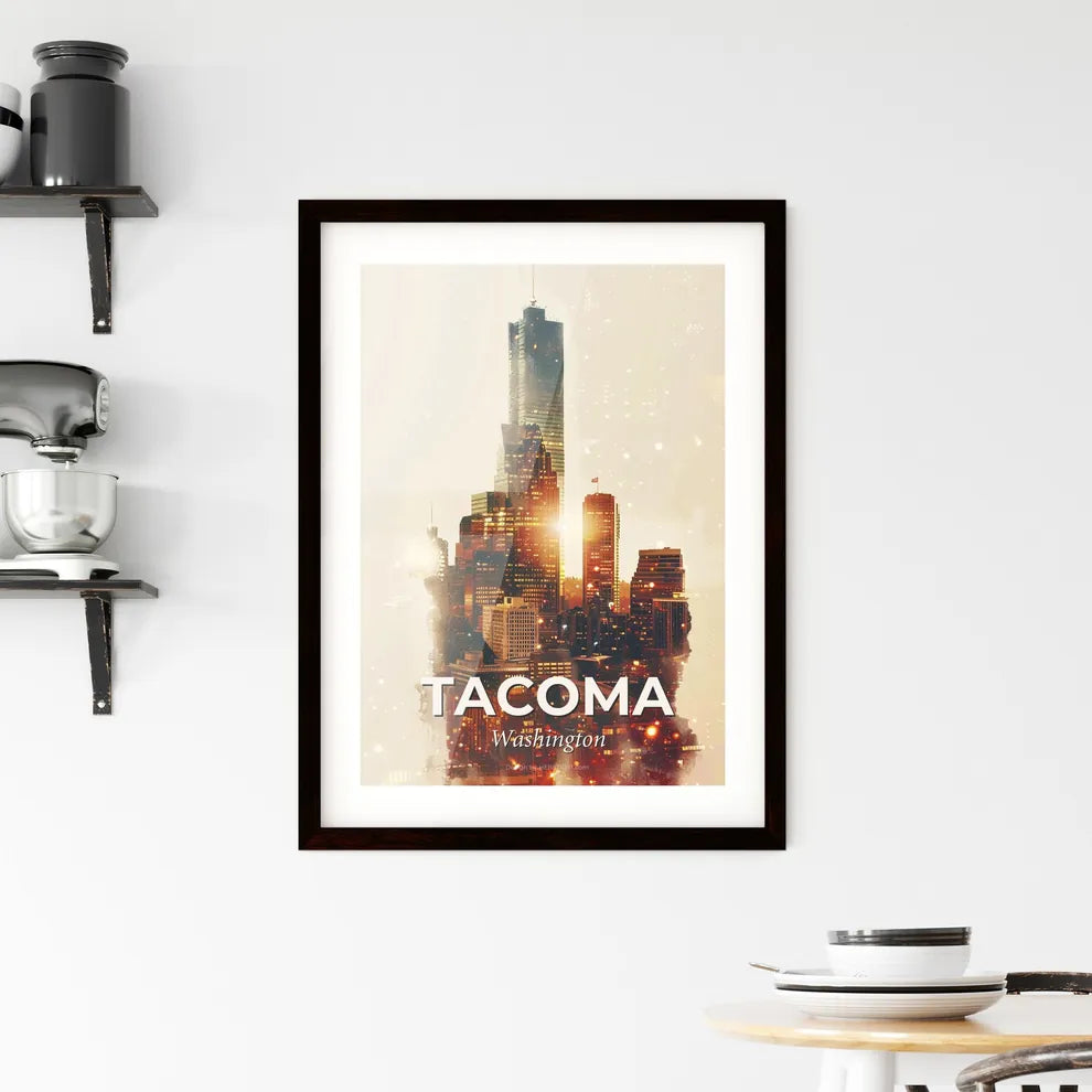 Tacoma City Skyline Composite Art on Beige Framed Print