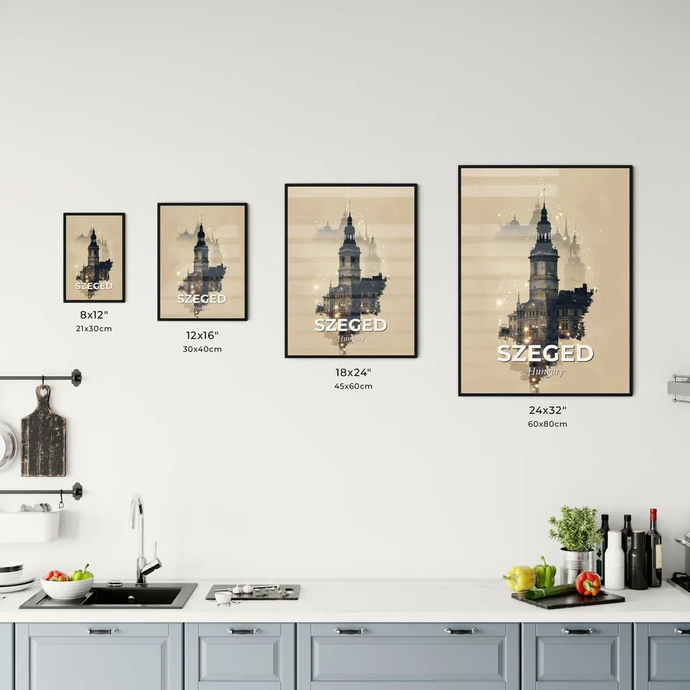 Szeged Skyline Composite Art with Beige Paper Background and Sparkles Office Art