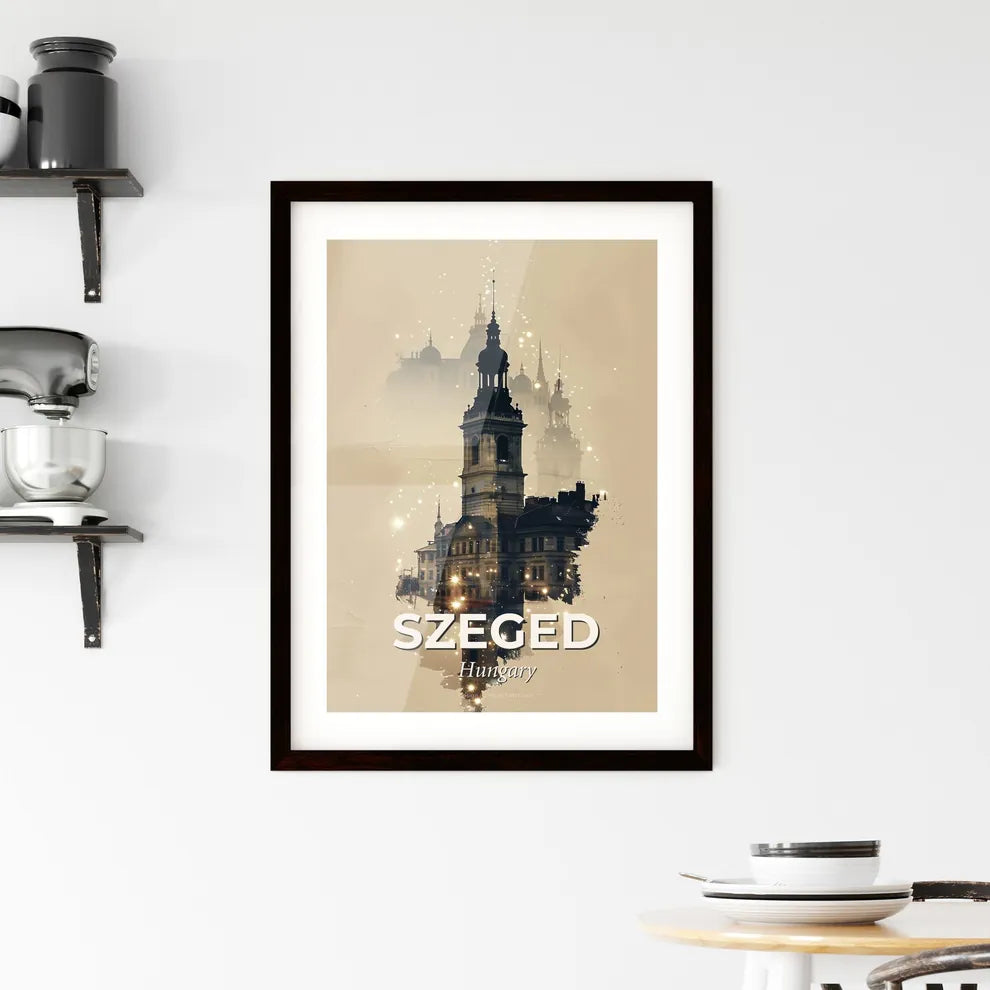 Szeged Skyline Composite Art with Beige Paper Background and Sparkles Framed Print