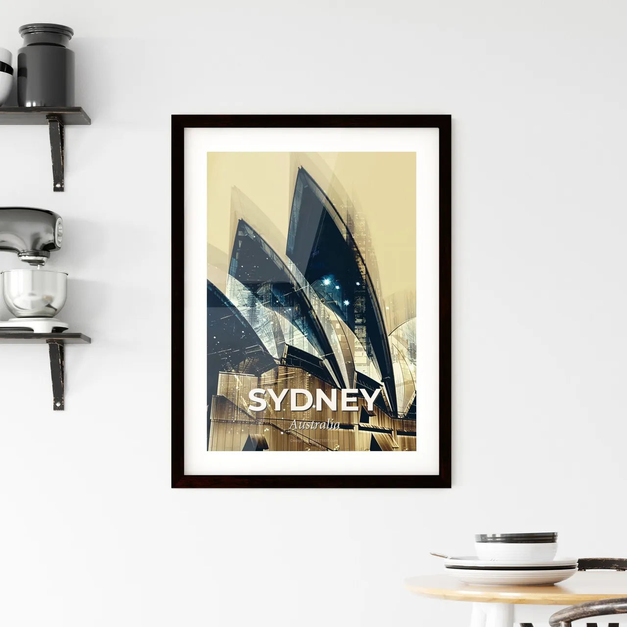 Sydney Skyline Art: Double Exposure, City Icons, Beige, Backlights, Sparkles Framed Print