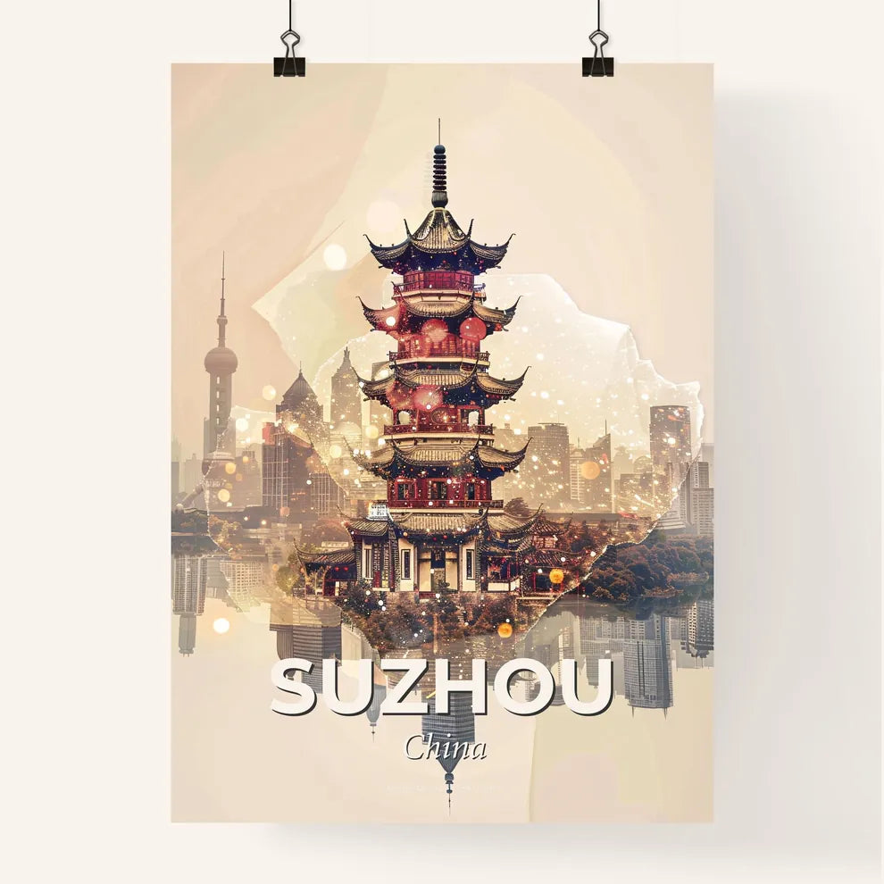 Suzhou City Skyline Double Exposure Art Print Poster