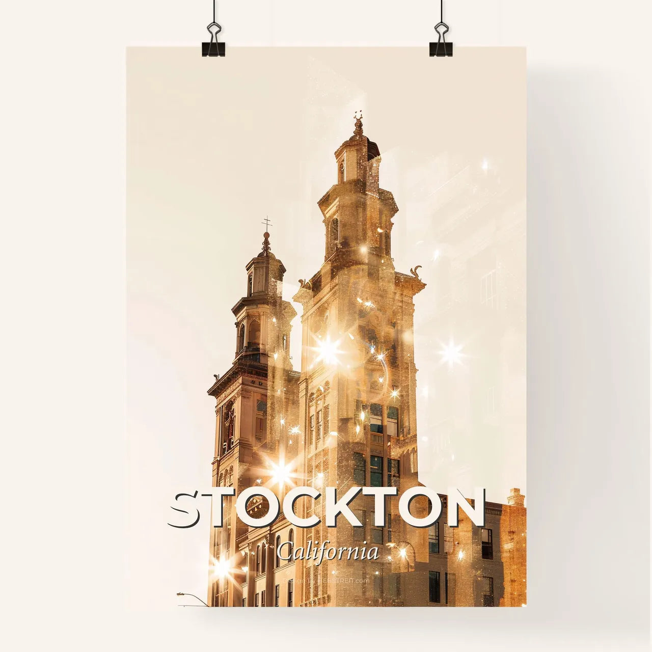 Stockton City Skyline Double Exposure Art Poster