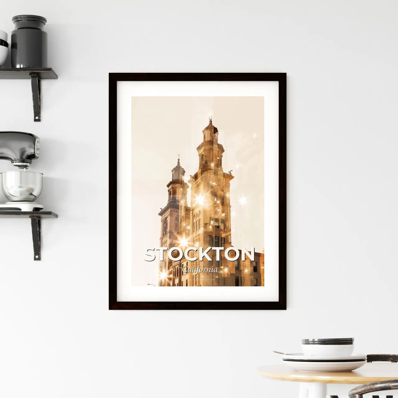 Stockton City Skyline Double Exposure Art Framed Print