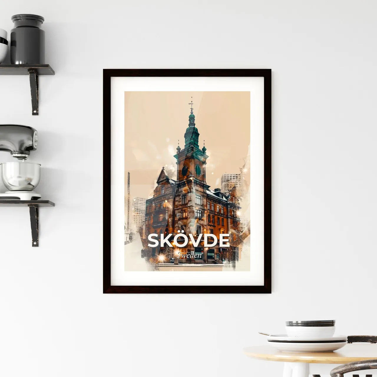 Skövde City Skyline Night Lights Poster Design Framed Print