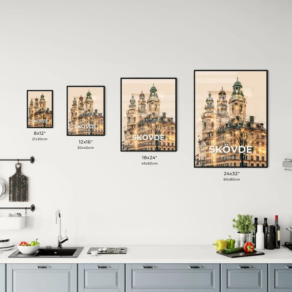 Skövde Skyline Double Exposure Beige Poster with Sparkles Office Art