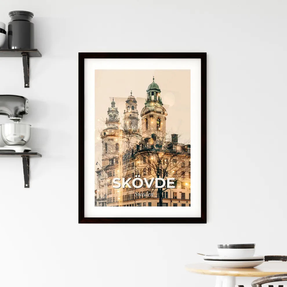 Skövde Skyline Double Exposure Beige Poster with Sparkles Framed Print