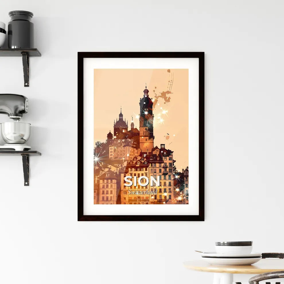 Sion Skyline: Local Colors on Beige Framed Print