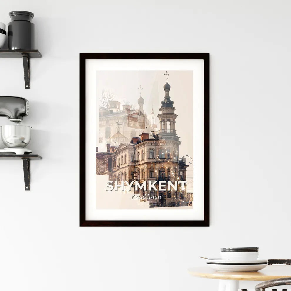 Shymkent Double Exposure Skyline Poster Framed Print