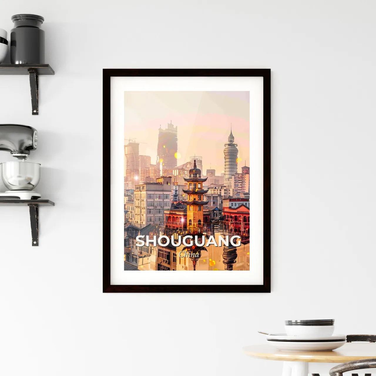 Shouguang China Skyline Double Exposure Art Poster Framed Print