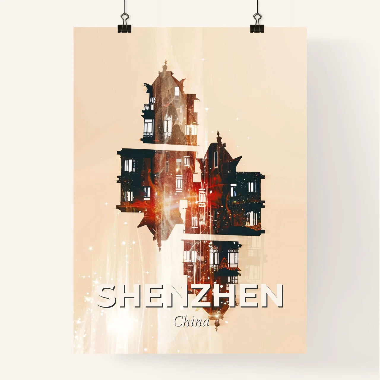 Shenzhen Skyline Double Exposure Composite Art Print Poster