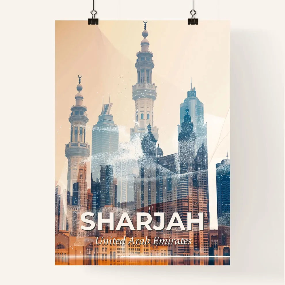 Sharjah Skyline Double Exposure Art At Night Poster