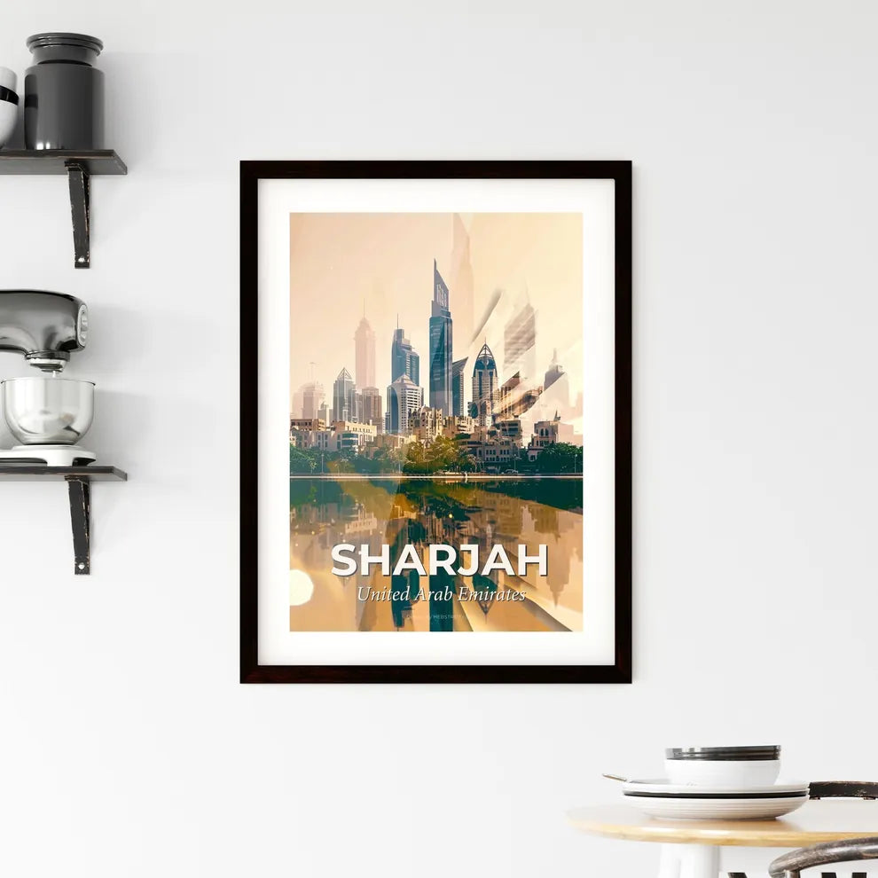 Sharjah Skyline Architecture Double Exposure Poster Design Framed Print