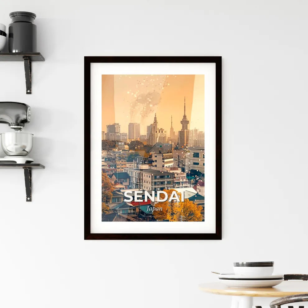 Sendai Skyline Composite Art Bright Beige Paper Framed Print