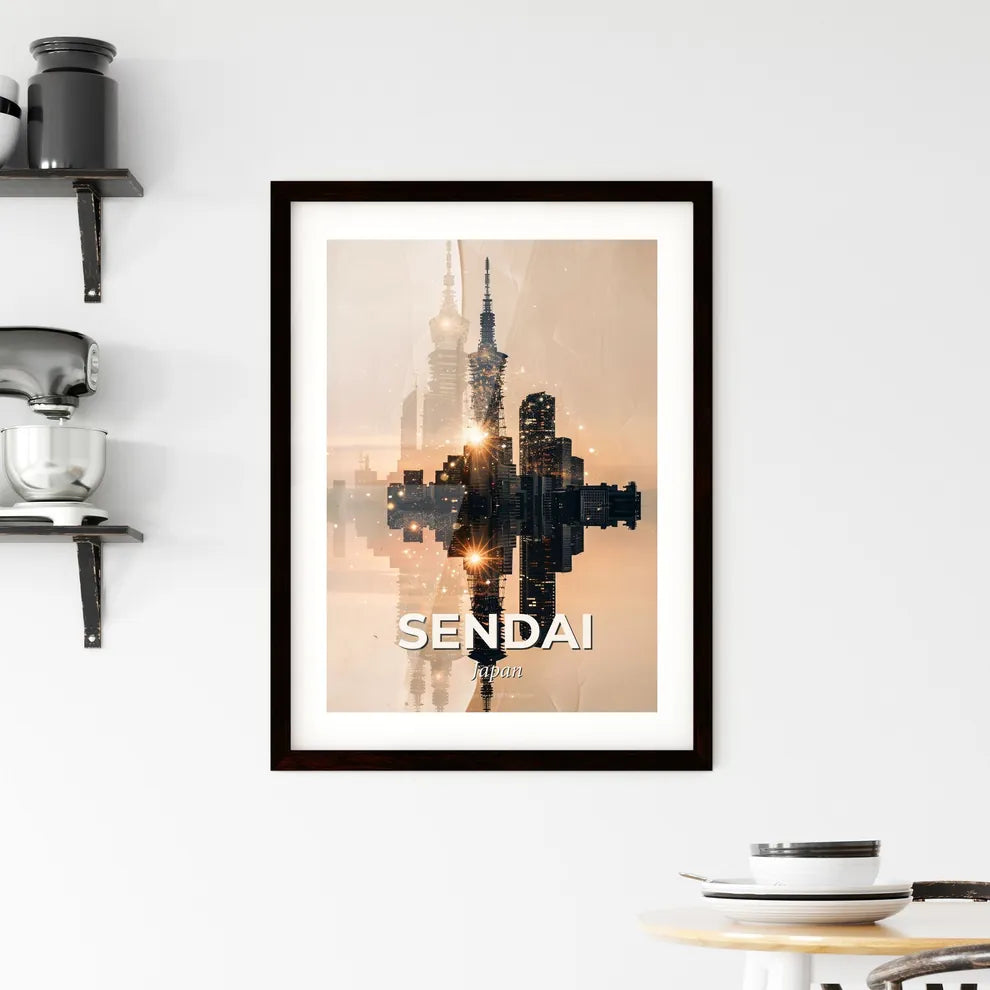 Sendai Skyline Double Exposure Art Poster Framed Print