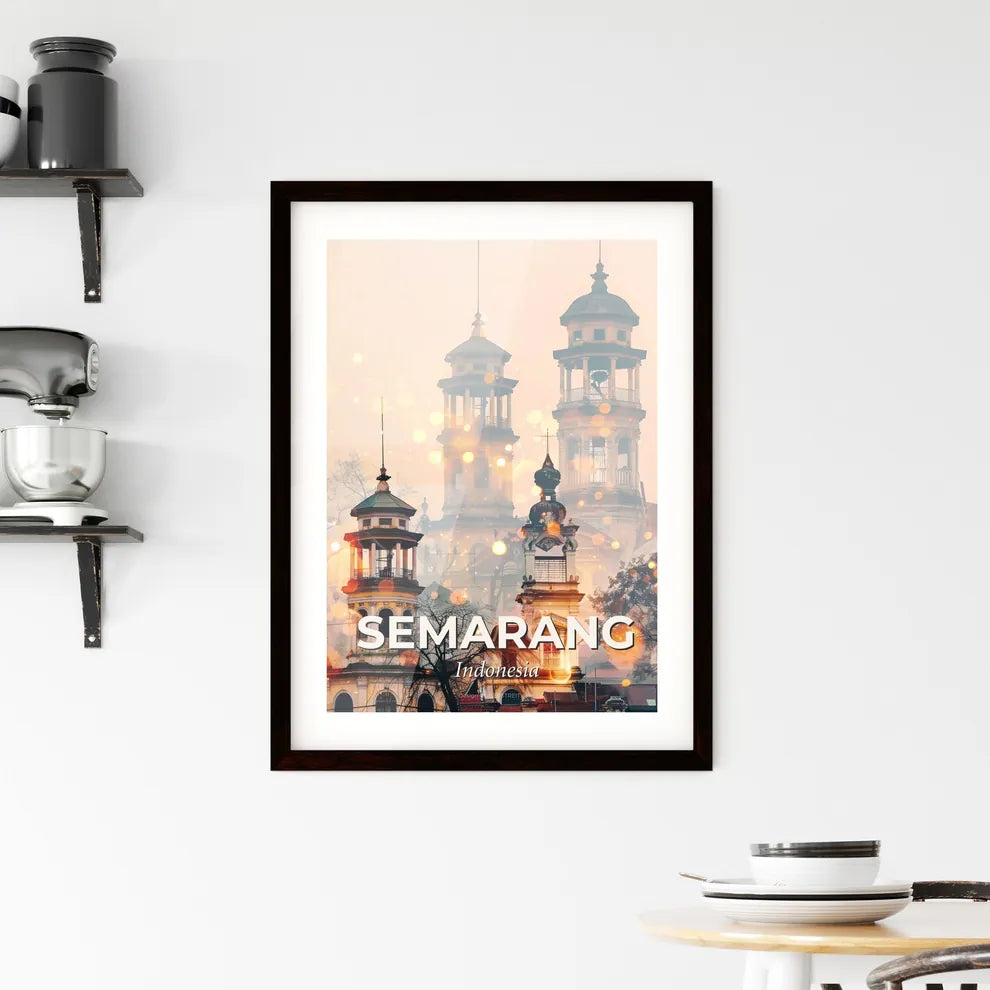 Semarang Skyline Art: Iconic Architecture on Beige Framed Print