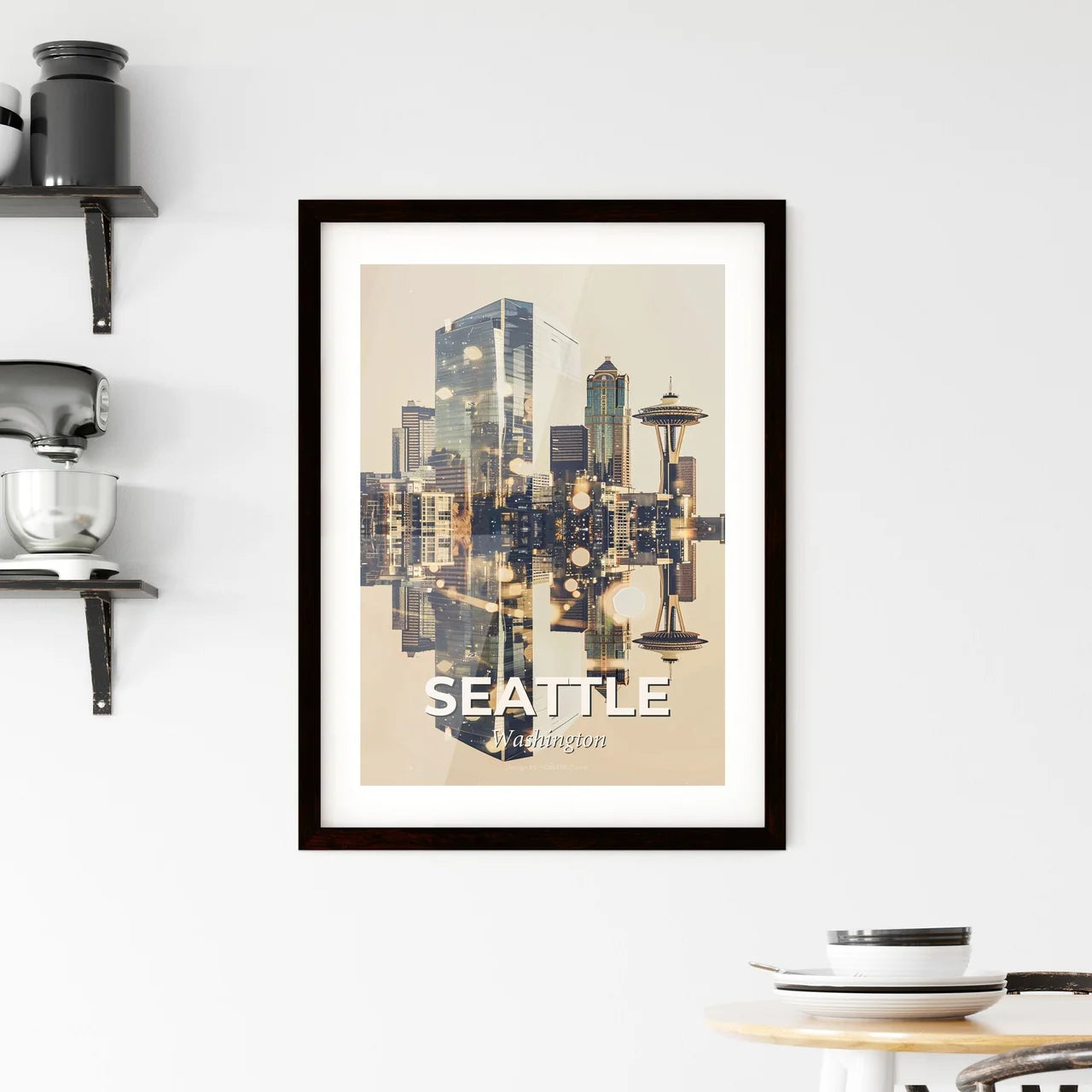 Seattle Skyline Icons Beige Poster Art Framed Print
