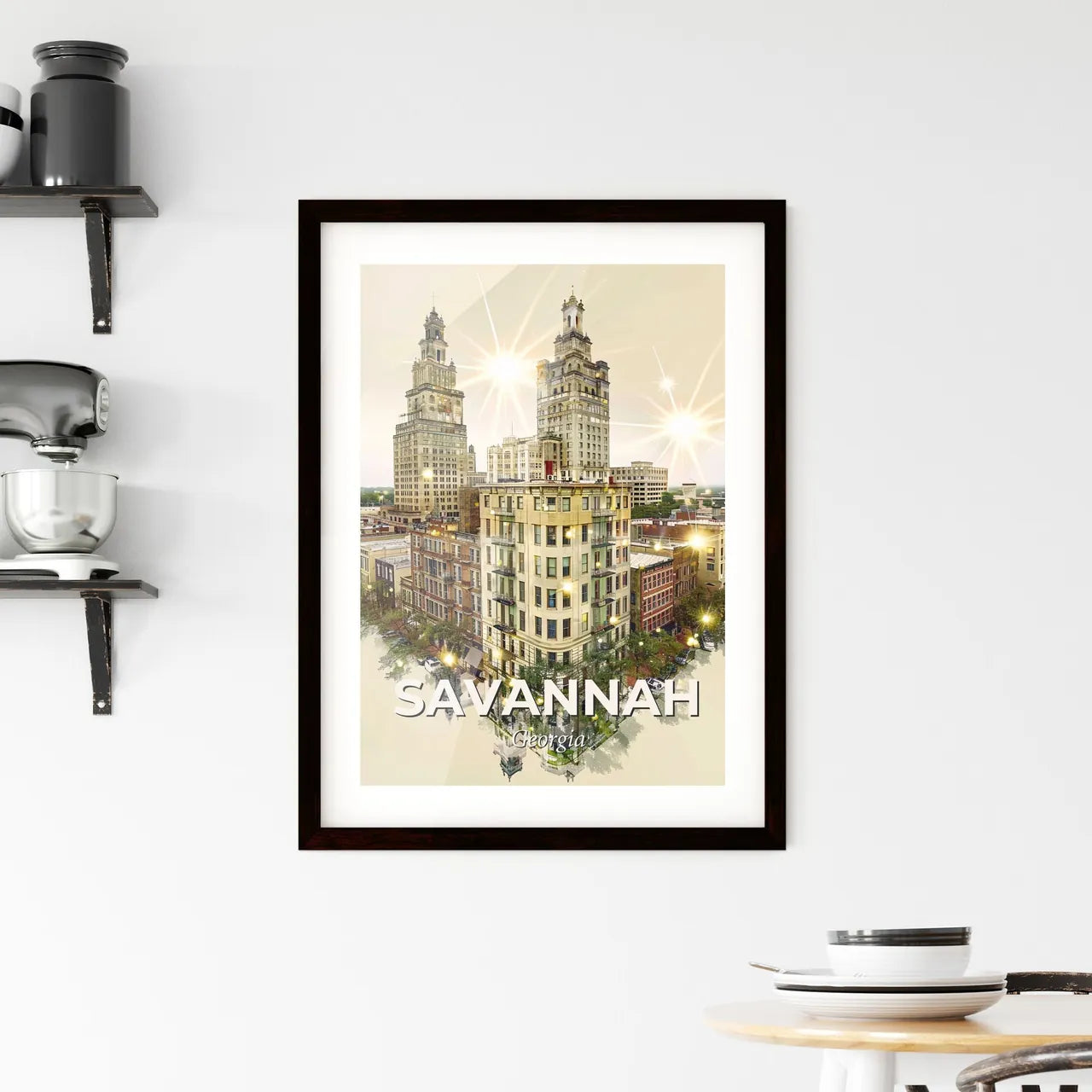 Savannah City Skyline Double Exposure Poster Framed Print