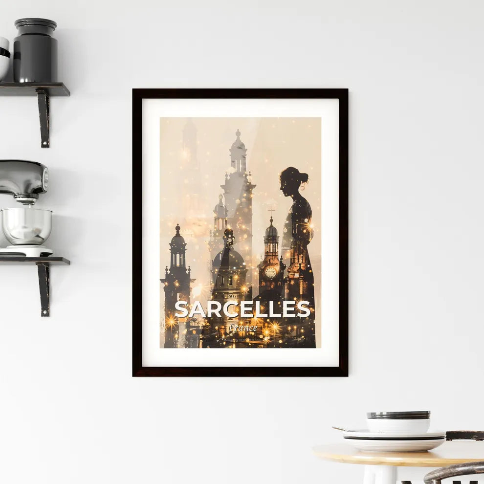 Sarcelles City Skyline Silhouettes on Beige Framed Print
