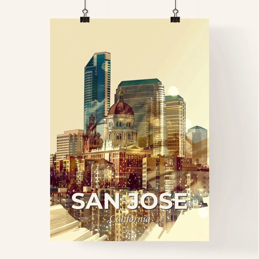 San Jose Skyline Composite Art: Local Icons on Beige Poster