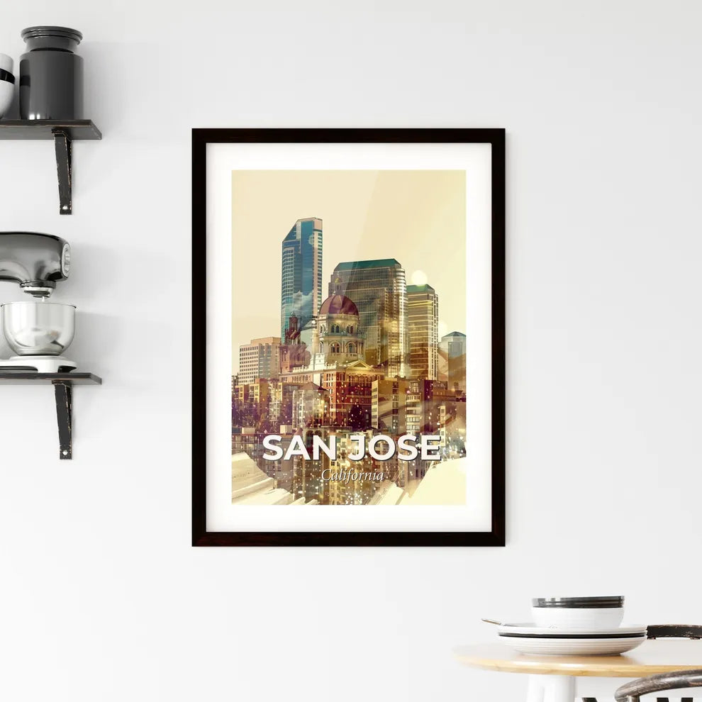 San Jose Skyline Composite Art: Local Icons on Beige Framed Print