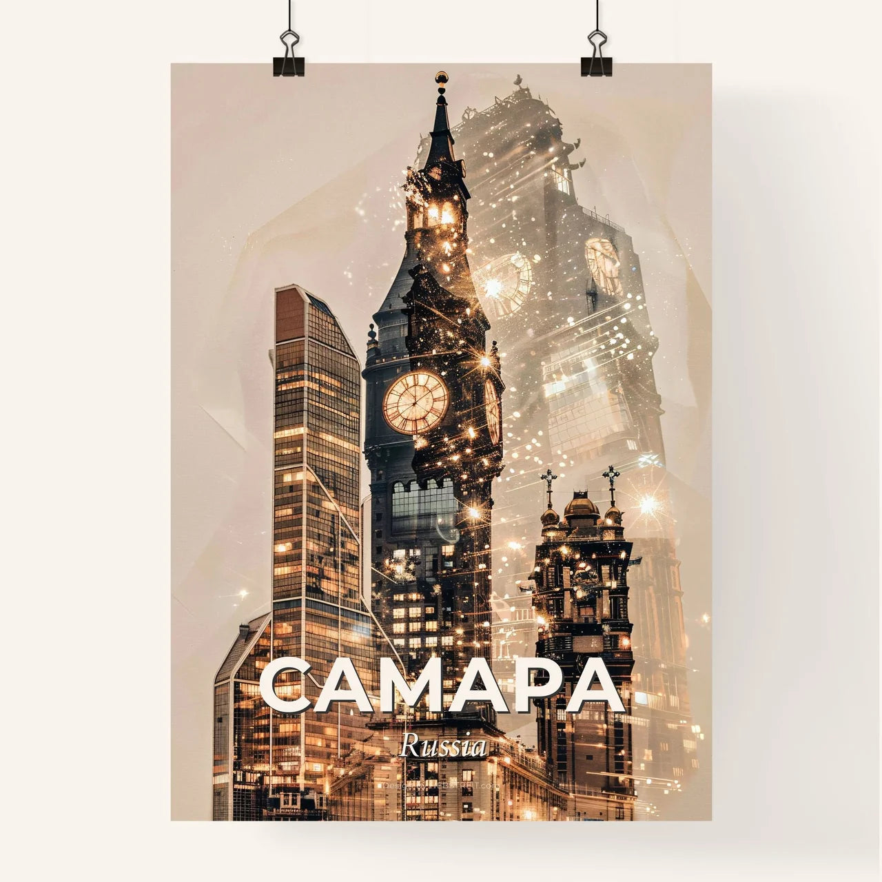 Samara Skyline Composite Art Poster with Beige Background and Sparkles Poster
